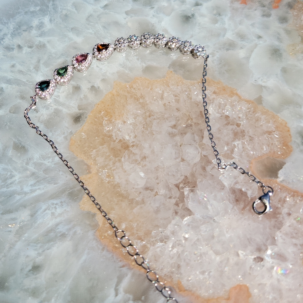 NEW STERLING SILVER + 14K GOLD PLATED Unheated Tourmaline and CZ Bracelet 7"
